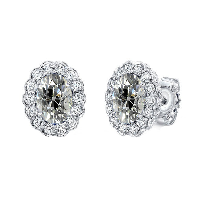 Halo Oval Old Miner Diamond Stud Earrings
