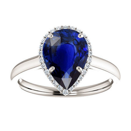 Halo Pear Sapphire Ring 3 Carats Small Round Diamonds