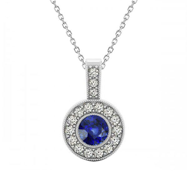 Pendant Round Ceylon Sapphire Necklace Bezel Set