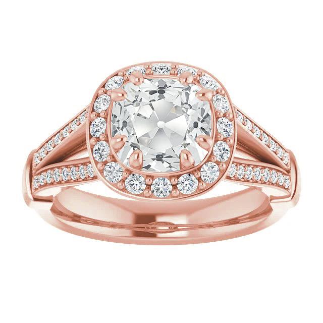 Halo Ring Cushion Old Cut Diamond 8 Prong Set Split Shank