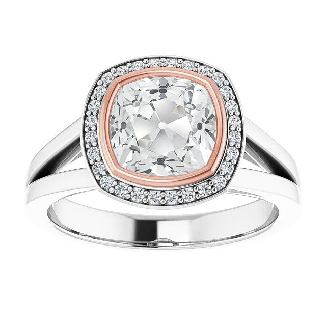 Halo Ring Cushion Old Mine Cut Diamond Bezel Split Shank 7.50 Carats