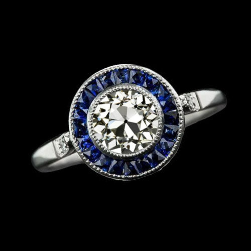 Halo Ring Old Miner Round Diamond & Baguette Sapphire Bezel Set