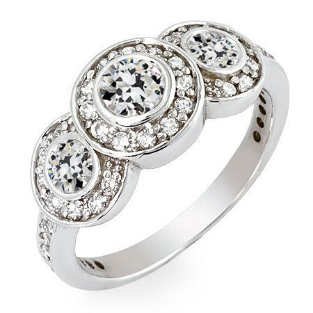 Halo Ring Old Miner Cut Diamond 3 Stone Style Bezel Set Gold