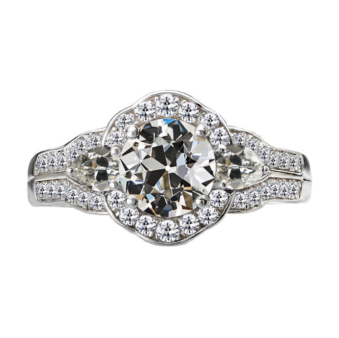 Halo Ring Pear & Round Old Miner Diamond