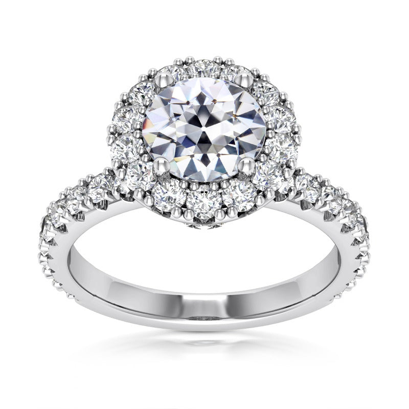 Halo Ring Round Old Cut Diamond Gold Fishtail Set