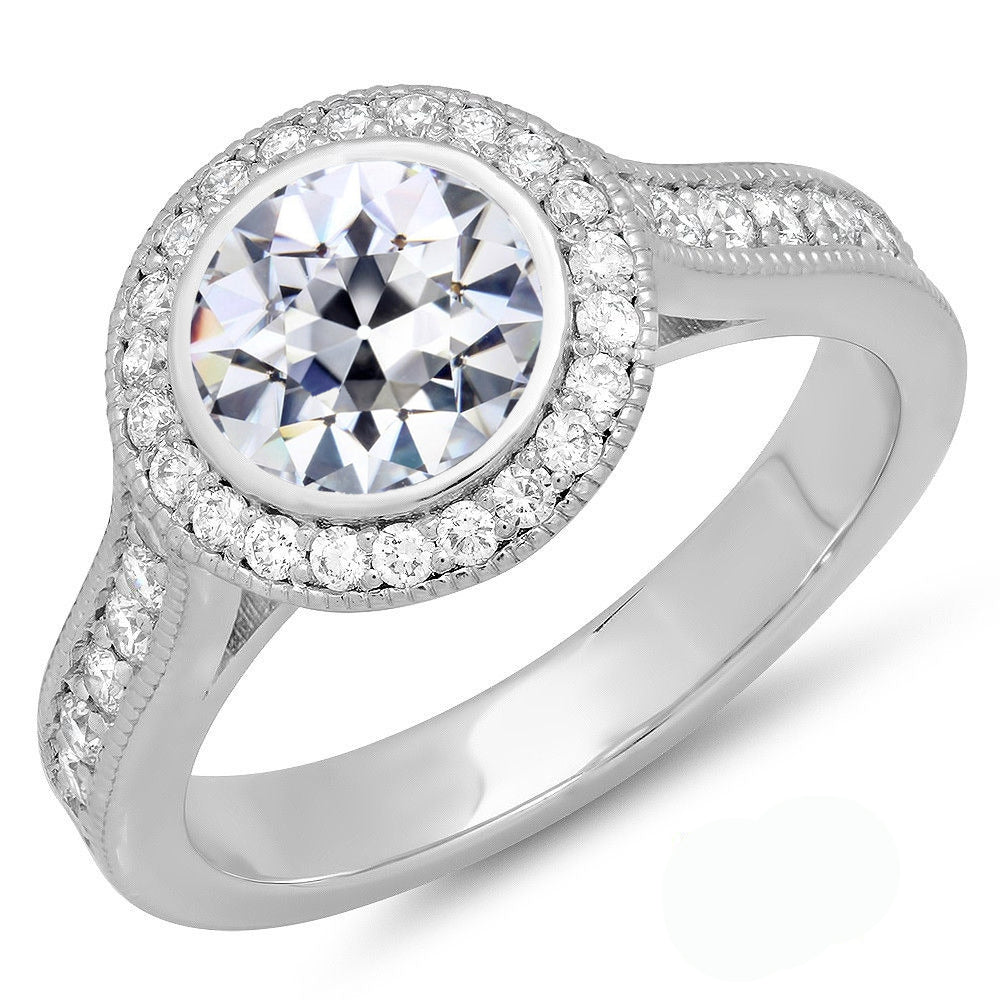 Halo Ring Round Old European Diamond Bezel Set