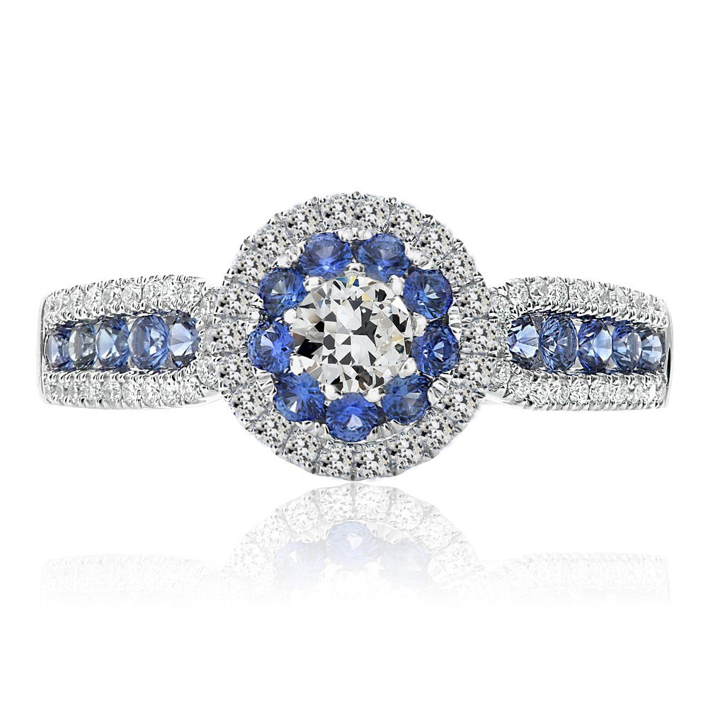 Halo Ring Old Miner Diamond & Ceylon Sapphire Ring