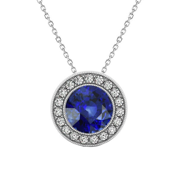 Halo Round Ceylon Sapphire & Diamond Pendant