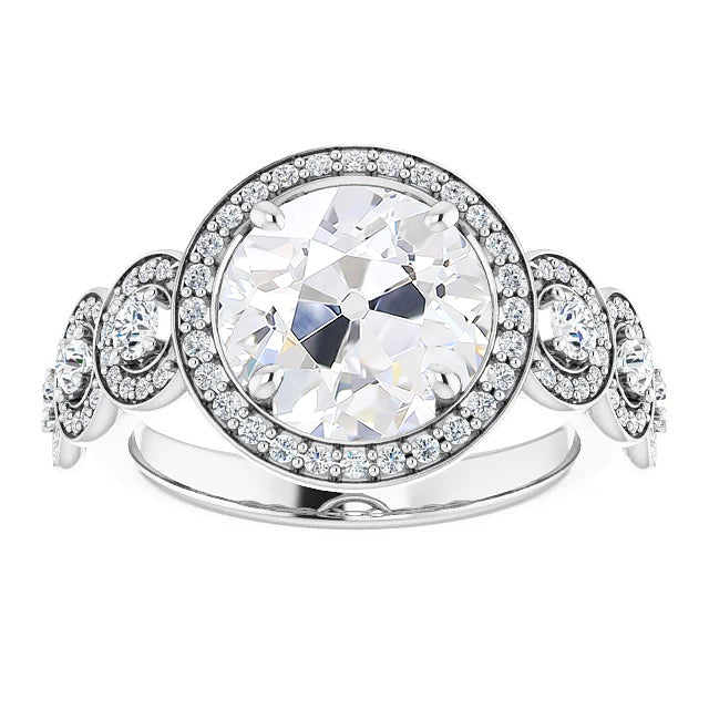 Halo Round Old Miner Diamond Ring With Accents Prong Set