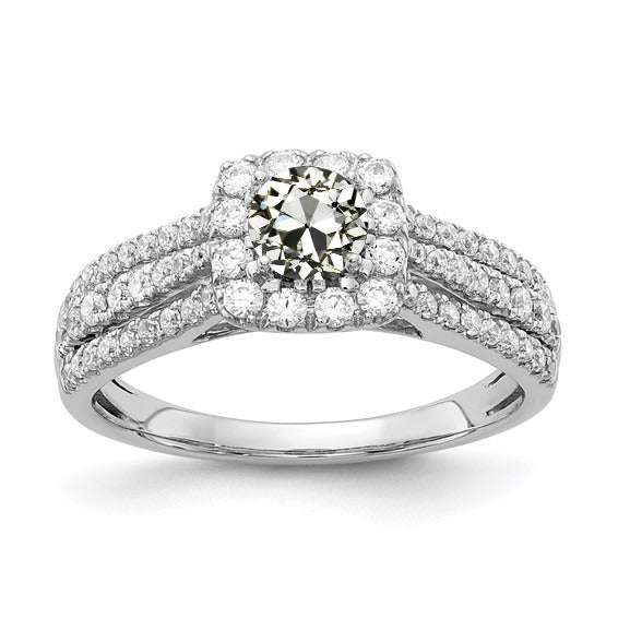 Halo Old Mine Cut Diamond Ring Triple Row Accents