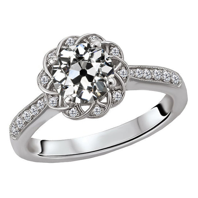 Halo Wedding Ring Round Old Miner Cut Diamond