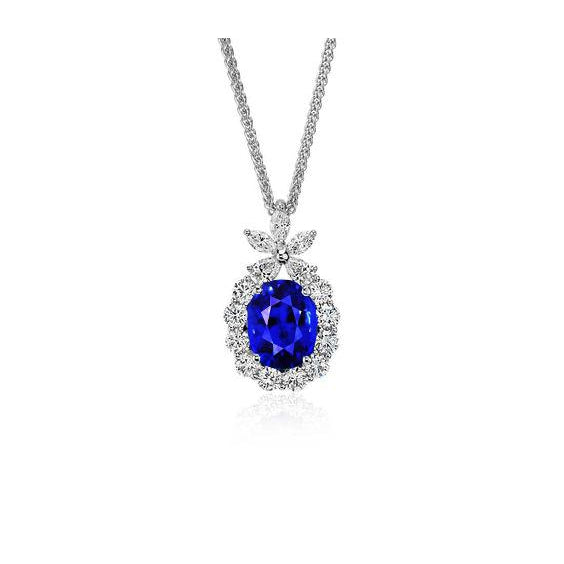 Halo Oval Kashmir Sapphire & Round Natural Earth Mined Diamond Pendant Necklace 2 Carats