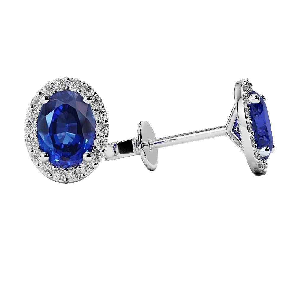 Halo Oval Kashmir Sapphire With Round Natural Earth Mined Diamonds 4.50 Carats Studs Earrings