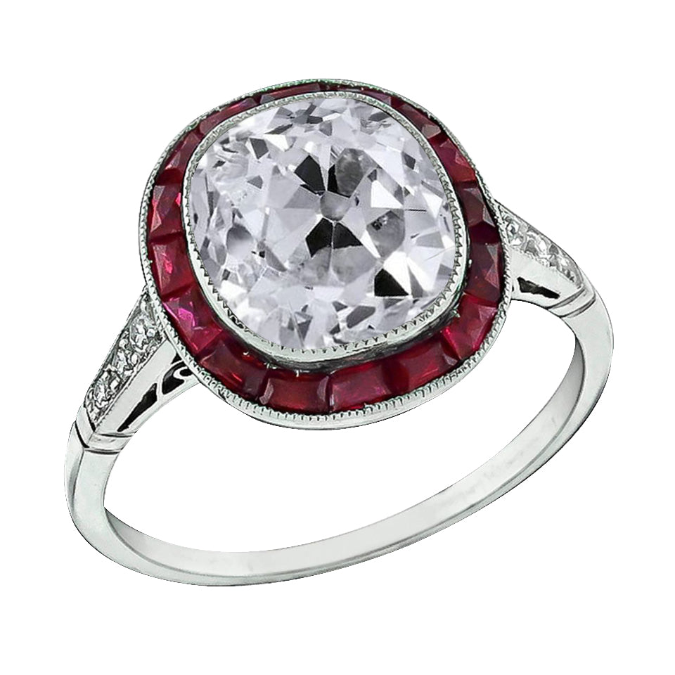 Halo Ring Old Cut Cushion Huge Lab Grown Diamond & Rubies Bezel Set 9 Carats