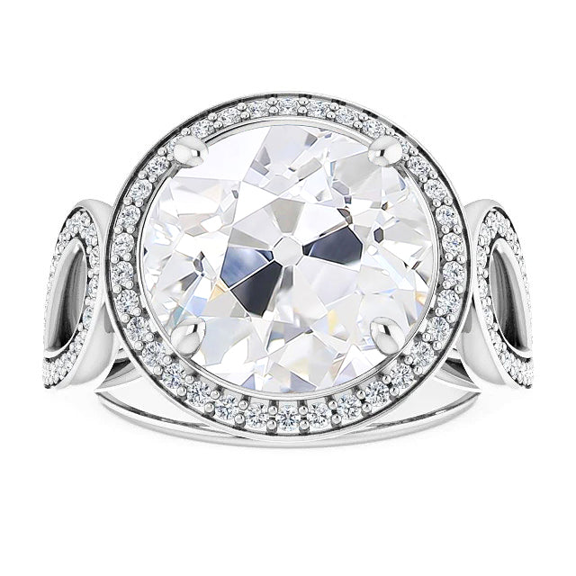 Halo Ring Round Old Cut Large Lab Grown Diamond Prong Set 11.50 Carats Split Shank