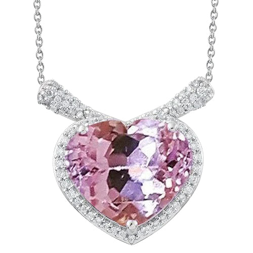 Heart Cut Kunzite With Natural Earth Mined Diamond Necklace Pendant White Gold 14K 32 Ct