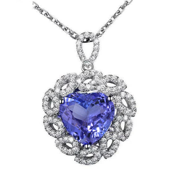 Heart Cut Tanzanite With Round Natural Earth Mined Diamonds 4 Ct. Pendant Necklace