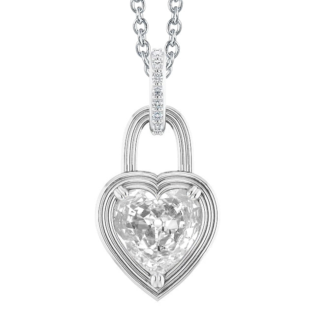 Heart Old Cut Diamond Pendant Lock Style 4 Carats White Gold 14K