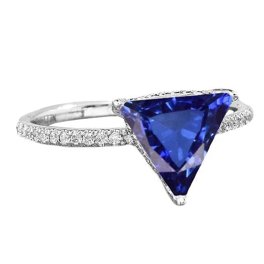 Hidden Halo Ceylon Sapphire Trillion Gemstone Ring Diamond Accented Fancy Princess Cut Style