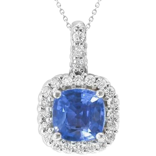Kashmir Sapphire Natural Earth Mined Diamond 2 Carats Pendant White Gold 14K