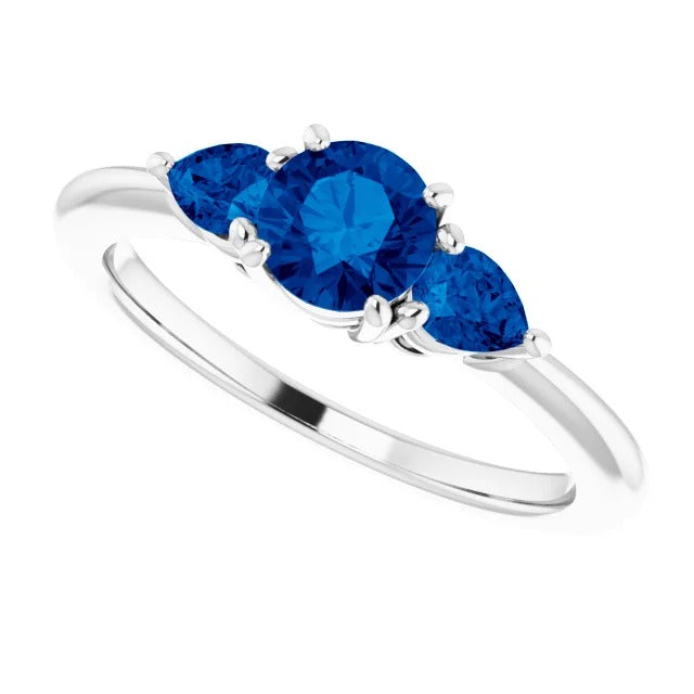 Round Ceylon Blue Sapphires White Gold Gemstone Ring