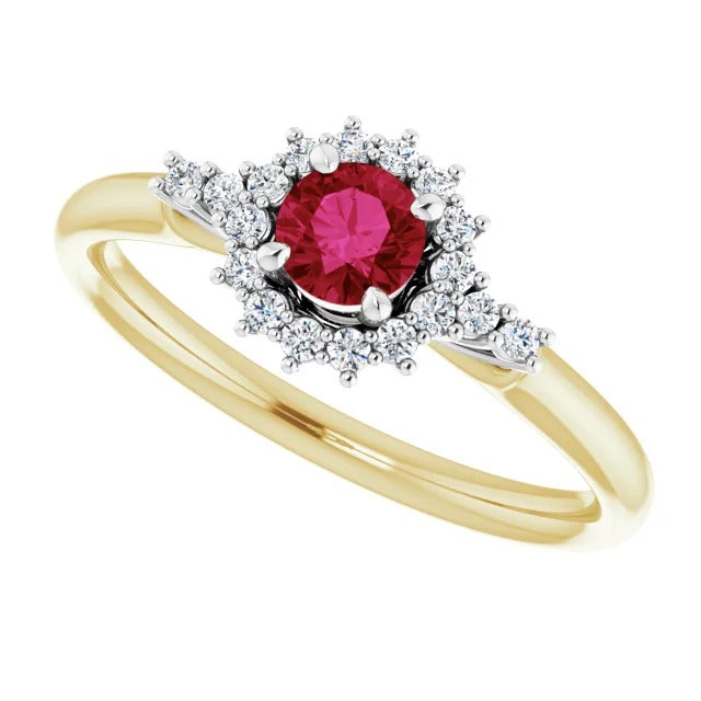 Diamond Round Ruby Ring Halo Style Yellow Gold Womans Gemstone Ring
