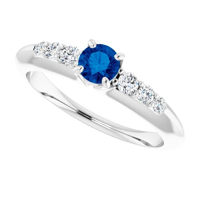 Lady’s Brilliant Gemstone Ring Four Prong Diamond Round Blue Sapphire Ring