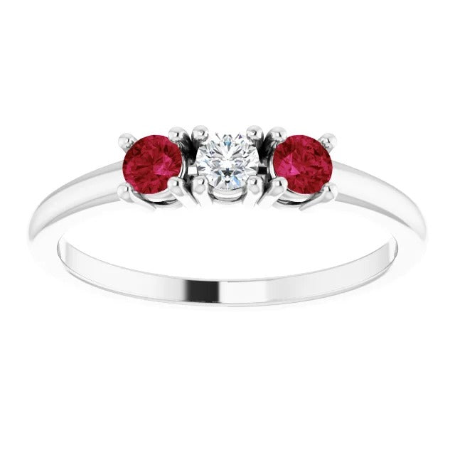 Ldies 3 Stone Ring Round Diamond Ruby White Gold Gemstone Ring