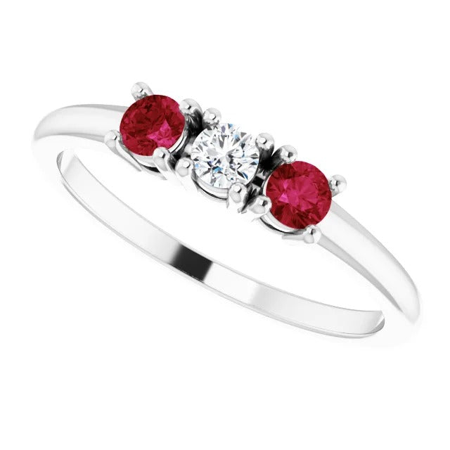 Ldies 3 Stone Ring Round Diamond Ruby