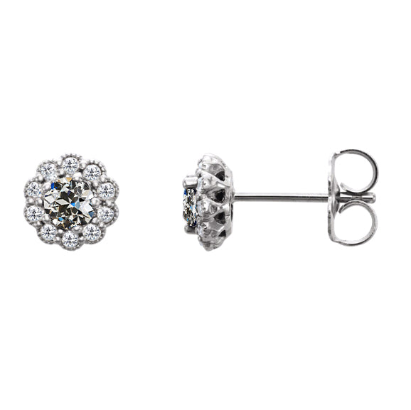 Ladies Round Diamond Old Cut Stud Earrings Flower Style 2.50 Carats