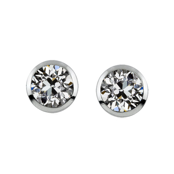 Ladies Round Old Mine Cut Natural Diamond Stud Earrings Bezel Set 3 Carats