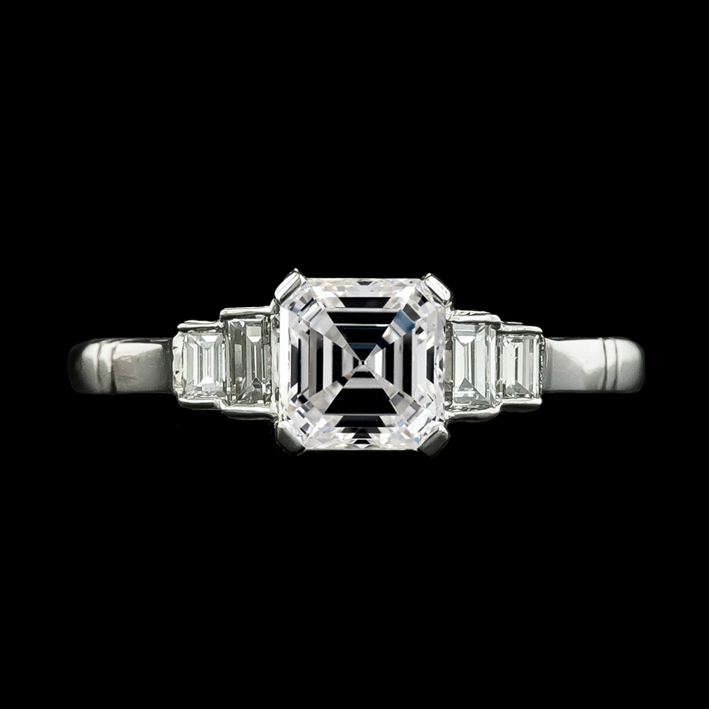 Stylish White Gold Lady's Anniversary Ring Emerald & Asscher Diamond
