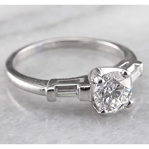 Round & Baguettes Cut Diamond Engagement Ring White Gold 14K