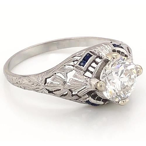 Antique Style Diamond Ring Blue Sapphire White Gold Jewelry Solitaire