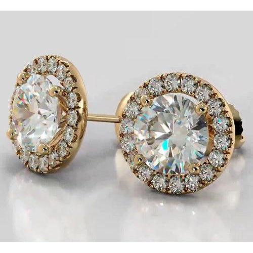 Fancy Yellow Gold Antique Style Diamond Studs Halo Stud Earrings