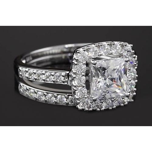 Halo Ring Princess Cut Diamond 3 Carats Halo Ring Split Shank Style