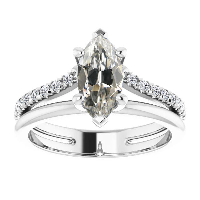 Marquise Diamond Old Mine Split Shank White Gold Ring 2 Carats