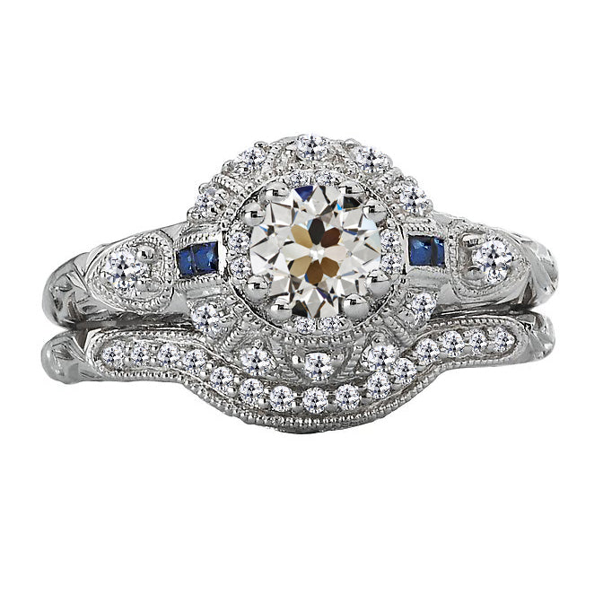 Old Miner Cut Diamond & Sapphires Engagement Ring Set Vintage Style