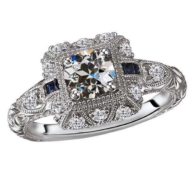 2.50 Carats Old Cut Round And Baguettes Blue Sapphire Diamond Milgrain Ring