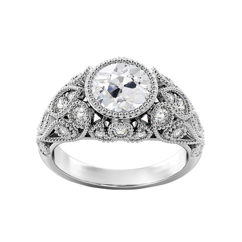 Bezel Set Antique Style Wedding Solitaire Ring with Accents White Gold Diamond