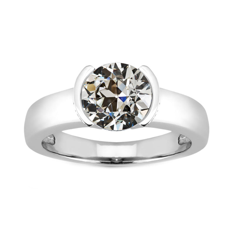 2 Carats Old European Round Diamond Half Bezel Solitaire Ring