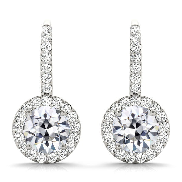 Old Mine Cut Diamond 7.50 Carats Drop Halo Earring 14K Gold