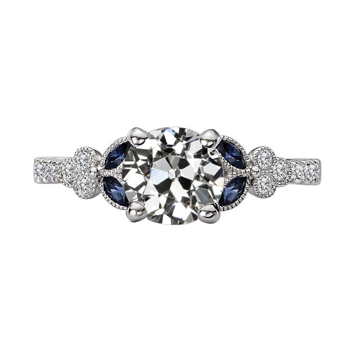 Lady’s Unique Style White Sparkling Weeding Engagement White gold Old Miner Diamond Blue Sapphire Ring