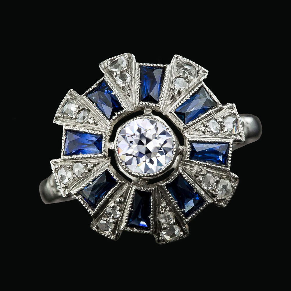 Old Miner Round Diamond Baguette Blue Sapphire Halo Ring