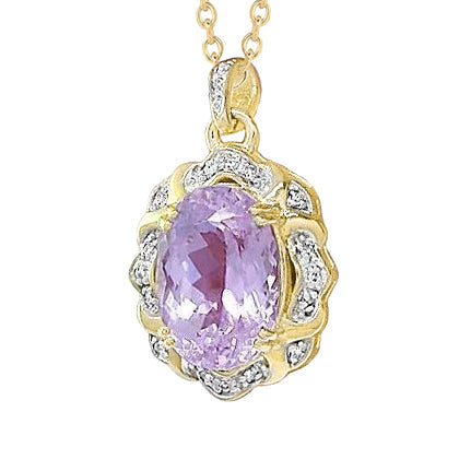 Oval Cut Pink Kunzite And Natural Earth Mined Diamond Pendant 14.45 Carats Yellow Gold 14K