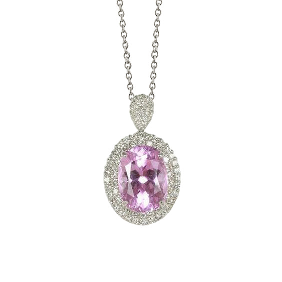 Oval Cut Pink Kunzite And Natural Earth Mined Diamond Pendant 15.50 Carats White Gold 14K