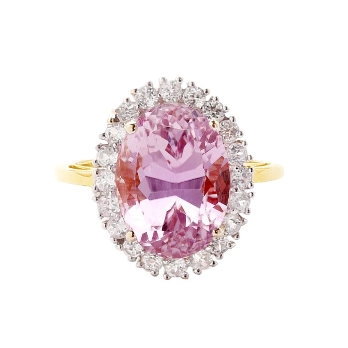 Fancy Lady’s Oval Cut Pink Kunzite With Round Diamond Wedding Ring
