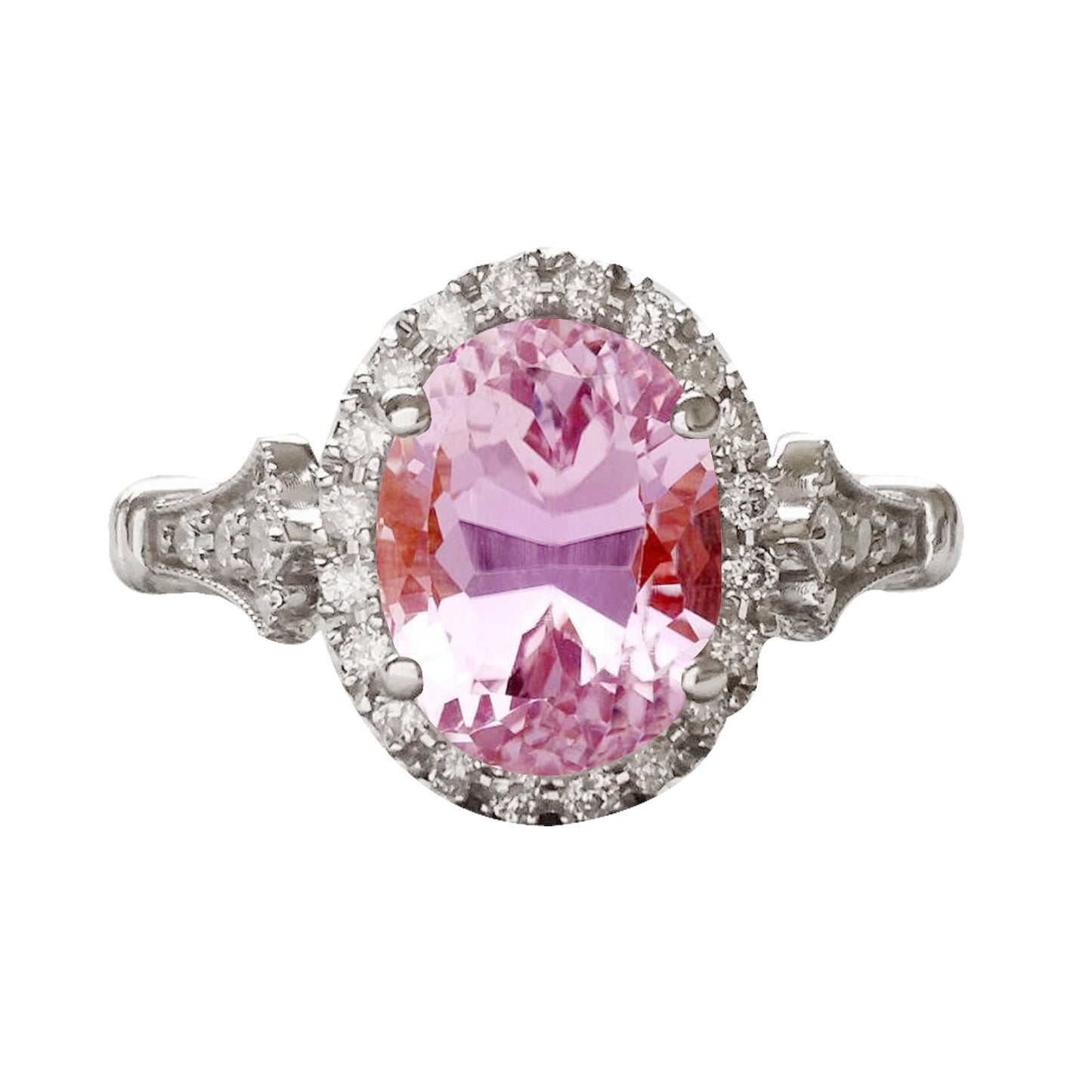 High Quality Unique Oval Cut Pink Kunzite With Round Halo Diamond Ring