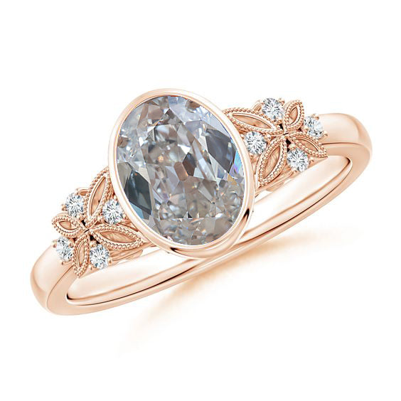 Oval Diamond Ring Old Miner Bezel Butterfly Style Rose Gold