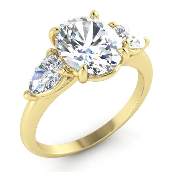 Three Stone Ring Oval & Pear Cut Diamonds 14K Yellow Gold